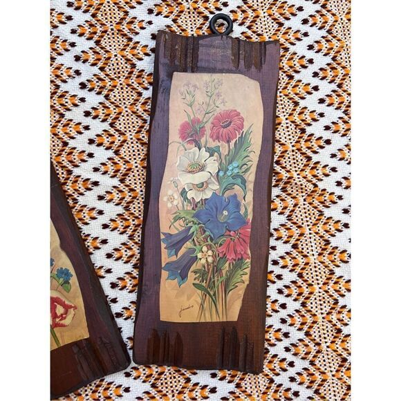 Vintage MCM Wooden Floral Art Plaques - Picture 3 of 9